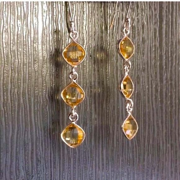 Triple Drop Cushion Cut Golden Citrine and Sterling Silver Earrings NWT - Picture 2 of 8